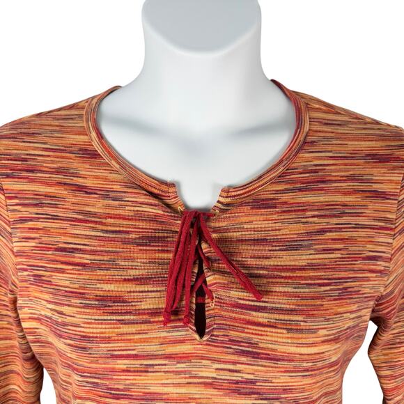 Lucky Brand Top Womens XL Orange Red Stripe Cotton Lace Up Neck Cuffs Y2K - Picture 2 of 16